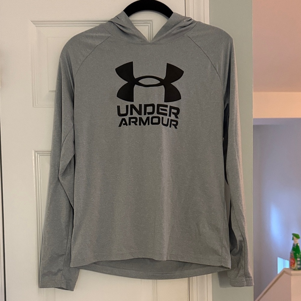 Youth Under Armour Light Gray Long Sleeve Tee Hoodie with Black Logo